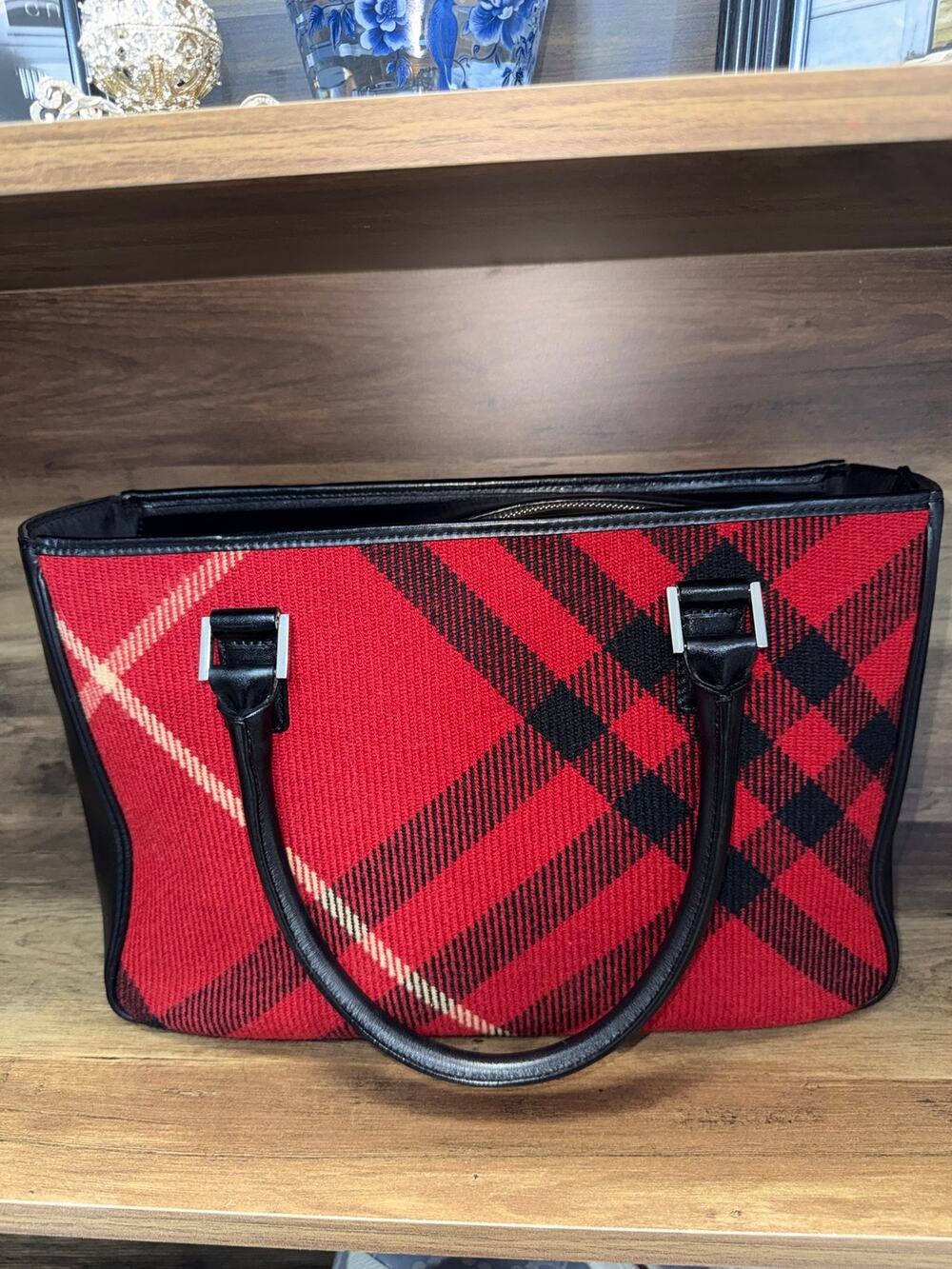 Burberry Nova Check Red Black Plaid Tote Bag with Black Leather Trim with coa